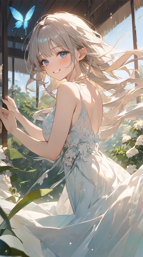 One Girl、Charming smile、Deep blue eyes、Long flowing hair、Delicate features、Floral Dress、Graceful pose、Porcelain-like skin、A gentle blush on the cheeks BREAK The soft morning light、(Backlight):1.2、Pastel colors、Subtle Shadows、Dreamy atmosphere、Ethereal Glow...