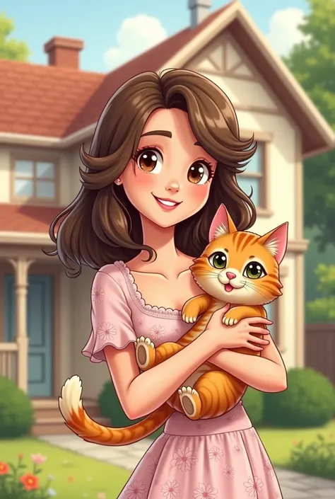 A cartoon style, holding a cat, wavy hair, floral dress with neckline, in front of the house, brown eyes, smiling