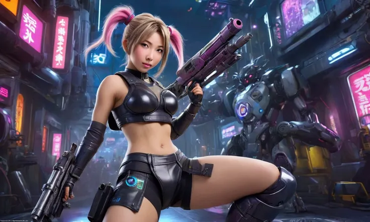 a cute yuna (age 25, big guns, big butt, leather fighting outfit, hair up in mismatched colored pigtails, each eye a different color, crazy laugh) reducing an alien robot to scrap using her weapons, highly detailed, 8k, photorealistic, cinematic lighting, ...