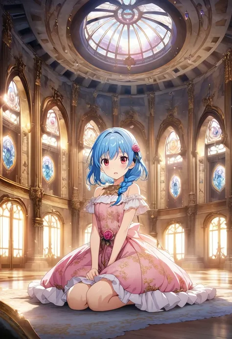 (masterpiece highest quality, highest quality, official art beautiful, beautiful:1.2)1girl, blue hair, braided hair, red eyes, knee length pink dress with a gold rose pattern, Antique-style explorers bag, full body, visual novel cg, Anime visuals of cute g...