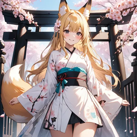 (Best Quality),(masterpiece),(Super detailed),(8k),(32K),One fox girl、Black Eyes、Very long blonde hair、Fox ears、One fox tail from the waist、smile、blush、(Small breasts:1.3)、White floral print kimono、Thighs、cherry blossomsの枝を持つ、、Standing in front of the tori...