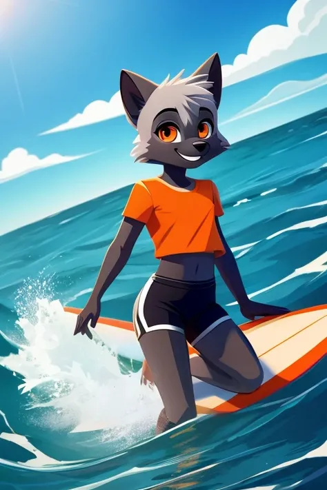 Silver fox child, orange eyes, with a confident smile, ANTHROPOMORPHIC, fur, furry, Orange cropped t-shirt, black exercise shorts, Surfing in a beautiful ocean, Made in a cool animated style.