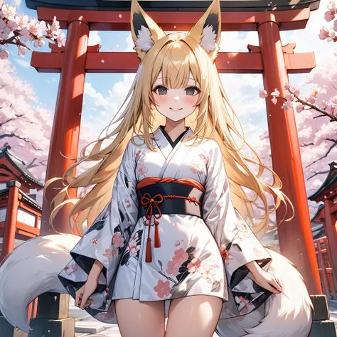 (Best Quality),(masterpiece),(Super detailed),(8k),(32K),One fox girl、Black Eyes、Very long blonde hair、Fox ears、One fox tail from the waist、smile、blush、(Small breasts:1.3)、White floral print kimono、Thighs、Ruffled Garter Ring、Standing in front of the torii ...