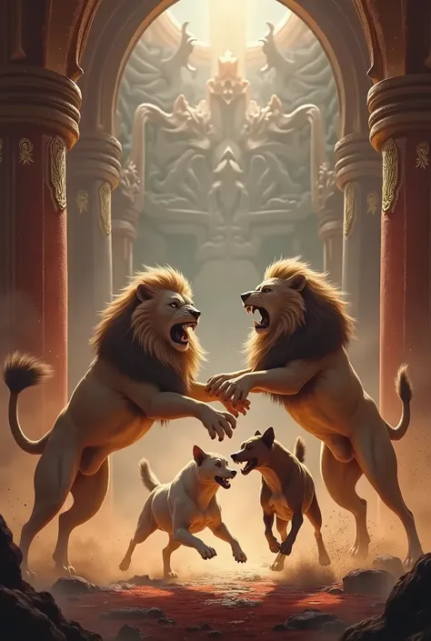 The battle of lions and dogs on the stage