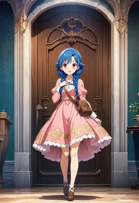 (masterpiece highest quality, highest quality, official art beautiful, beautiful:1.2)1girl, blue hair, braided hair, red eyes, knee length pink dress with a gold rose pattern, Antique-style explorers bag, full body, visual novel cg, Anime visuals of cute g...