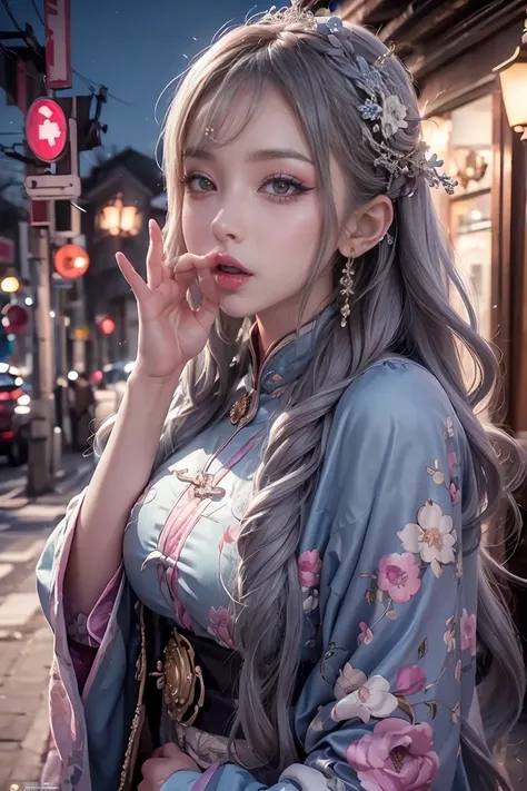 (masterpiece, Best Quality, Best Quality, Official Art, Beautiful and aesthetic:1.2), (Beautiful Face), Very detailed,colorful,Best Details, (Outdoor), Bright Eyes, (Blowjob gestures:1.5),(night), standing, (Ganyudev)