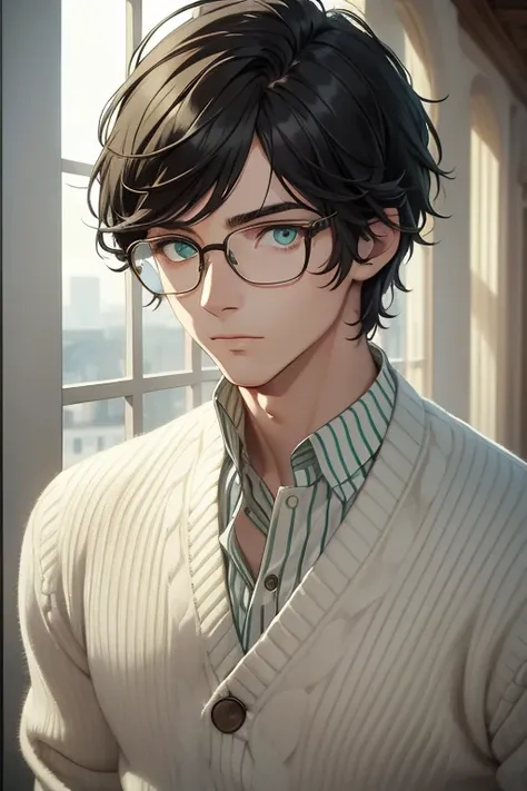 ((masterpiece, the highest quality)), detailed face, eyes, man of 27 years, white sweater with.Green stripes, turquoise eyes, (((Superior Quality))), black hair curto, Whiskey barbeado,cospe, black hair, stylish glasses