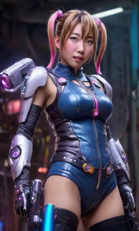 a cute yuna (age 25, big guns, big butt, leather fighting outfit, hair up in mismatched colored pigtails, each eye a different color, crazy laugh) reducing an alien robot to scrap using her weapons, highly detailed, 8k, photorealistic, cinematic lighting, ...