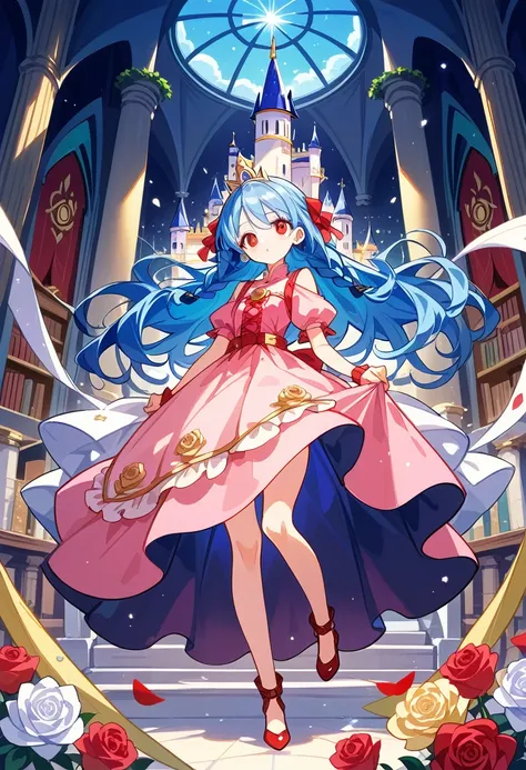 (masterpiece highest quality, highest quality, official art beautiful, beautiful:1.2)1girl, blue hair, braided hair, red eyes, knee length pink dress with a gold rose pattern, Antique-style explorers bag, full body, visual novel cg, Anime visuals of cute g...