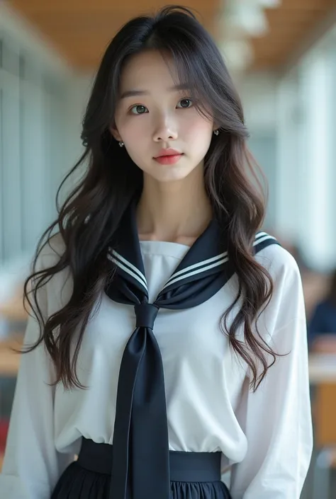 Young Korean girl, realistic girl,they are posing for a picture in a school uniform and tie, (NSFW), vestida de schoolgirl,long thick wavy hair, schoolgirl realista, a hyperschoolgirl realista, pretty high school girl, schoolgirl, interlaced full body view...