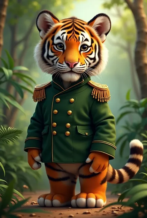 Elegant baby tiger in green uniform