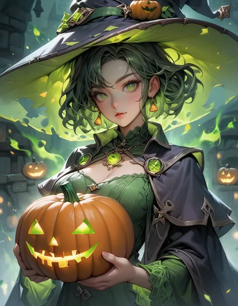 score_9, score_8_up, score_7_up, upscale 2x, (anime-style witch holding green glowing pumpkins in her hands. She is wearing an oversized wizard hat and has stylish hair with green eyes. The background is dungeon like cellar with green fire-like pumkins flo...