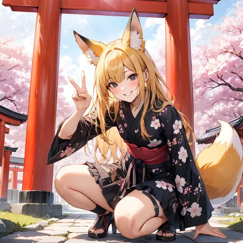 (Best Quality),(masterpiece),(Super detailed),(8k),(32K),One fox girl、Black Eyes、Very long blonde hair、Fox ears、One fox tail from the waist、smile、blush、(Small breasts:1.3)、Black floral print kimono、Thighs、(Ruffled Garter Ring:1.2)、squat、Peace sign、In front...