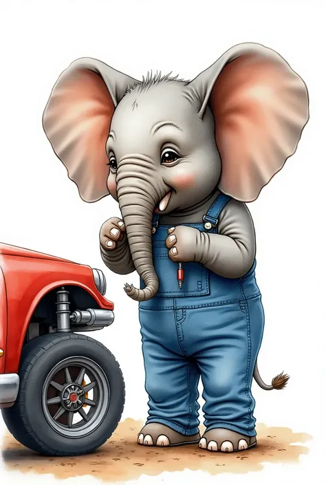 an elephant is wearing an overall wear and getting ready to fix a car mechanical error. water colour portrait. backgound is white