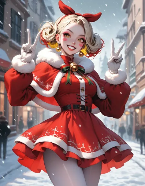 score_9, score_8_up, score_7_up, source_anime, solo, 1girl, chrlmrnstr, white skin, makeup, blush stickers, black lips, grin, looking at you, standing, double v, multicolored hair, blonde hair, yellow sclera, red eyes, christmas, fur trim, red capelet, fur...