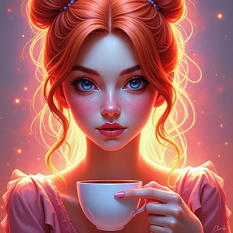 A redheaded woman drinking coffee, detailed face, delicate features, beautiful red hair, intricate details, elegant pose, warm lighting, photorealistic, award-winning portrait, dramatic chiaroscuro, moody atmosphere, rich color palette, cinematic compositi...