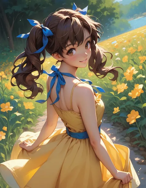 score_9, score_8_up, score_7_up, source_anime, from behind, solo, 1girl, akazawa izumi, smile, looking back, brown hair, twintails, hair ribbon, blue ribbon, brown eyes, yellow sundress, bare shoulders, outdoors, flower field 