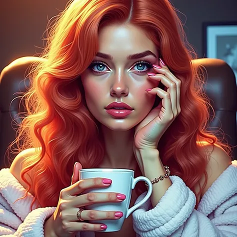 A redheaded woman drinking coffee, detailed face, delicate features, beautiful red hair, intricate details, elegant pose, warm lighting, photorealistic, award-winning portrait, dramatic chiaroscuro, moody atmosphere, rich color palette, cinematic compositi...