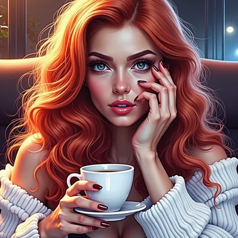 A redheaded woman drinking coffee, detailed face, delicate features, beautiful red hair, intricate details, elegant pose, warm lighting, photorealistic, award-winning portrait, dramatic chiaroscuro, moody atmosphere, rich color palette, cinematic compositi...