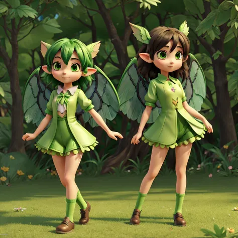 Anime girl in green and black outfit with wings and green background, goblin character, Fada, forest Fada, insect trainer girl, brunette elf with Fada wings, goblin, cute 3d anime rendering, April rendering, Fada dance, legs open  