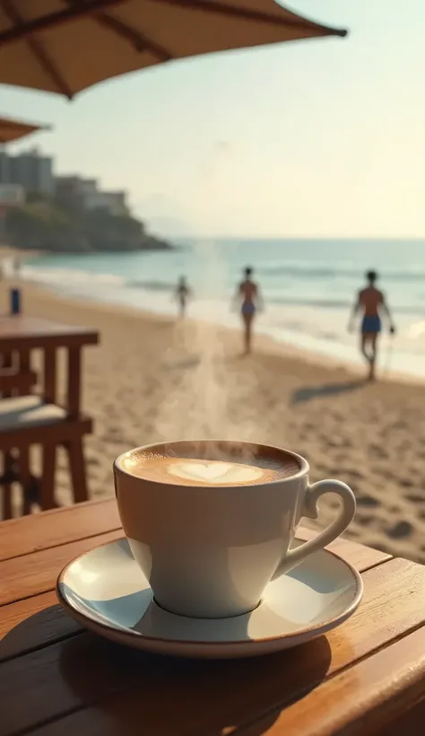 Photo of a cup of hot coffee on a table in a coffee shop by the sea., The backdrop is a seaside beach. , Images should be cinematic and rendered at 8K resolution.