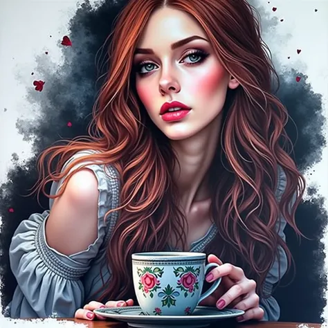 A redheaded woman drinking coffee, detailed face, delicate features, beautiful red hair, intricate details, elegant pose, warm lighting, photorealistic, award-winning portrait, dramatic chiaroscuro, moody atmosphere, rich color palette, cinematic compositi...