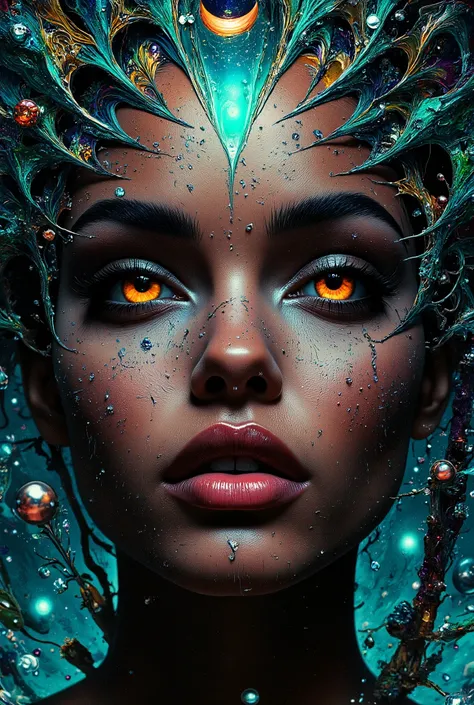 a close-up portrait of a womans face. She has dark skin and her eyes are a piercing orange color. Her face is covered in dark makeup, with dark eyeliner and red lipstick. Her eyebrows are furrowed and her lips are painted a deep red.  Fantasy Illustration,...