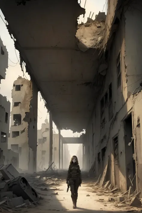 girl in nuked 27 years, apocalyptic scene of an abandoned city, dirty, destroyed, destroyed city, apocalyptic, high quality, mas...