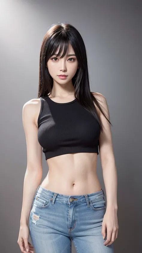 Skinny jeans, tank top, with bangs, black hair, straight hair, Japanese, 26 years old, female, precious, gray background, beautiful face, jeans visible, standing, sharp eyes, long narrow eyes, front lighting, sharp face, (highest quality, 4k, 8k, high reso...