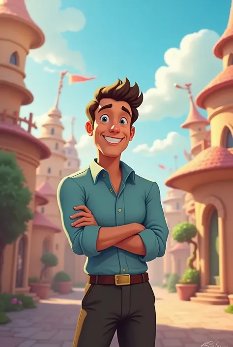 A smiling real estate agent leaning his arms crossed on top of an invisible wall. looking ahead. Disney style image
