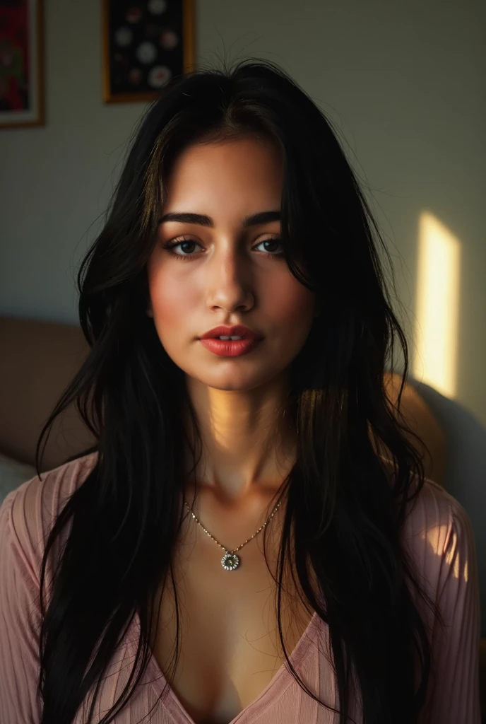 A medium shot of a charismatic young influencer, 20 years old, with sumptuous straight black hair, Captured in her room. Triple front camera of the iPhone 14 pro max, that captures natural light and shadows, Unformatted