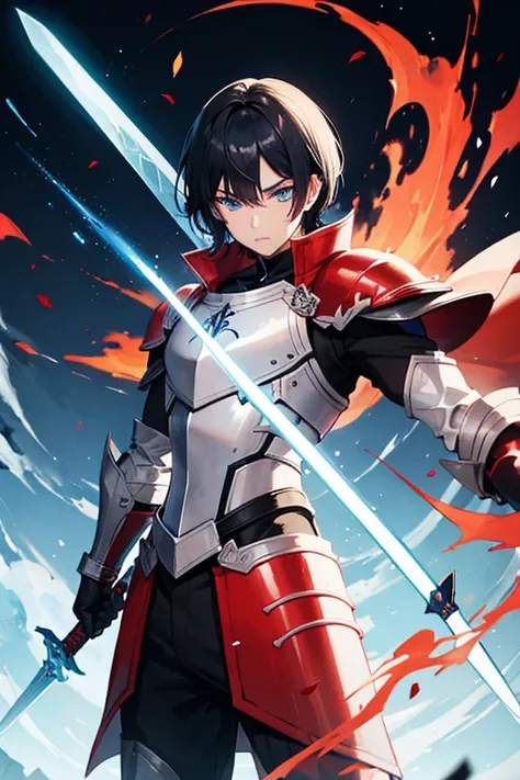 man, blue eyes, Short black hair, light skin, sword, red armor,