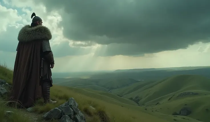 Attila standing on a hill, overlooking the endless grasslands of the steppes, with the sky darkened by storm clouds. His expression is determined, embodying the brutality and strength of his world.