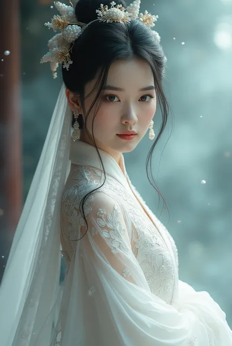 (photorealism:1.2), facing front, beautiful woman, chinese bride in white hair, traditional chinese bride attire. legendary story.8k