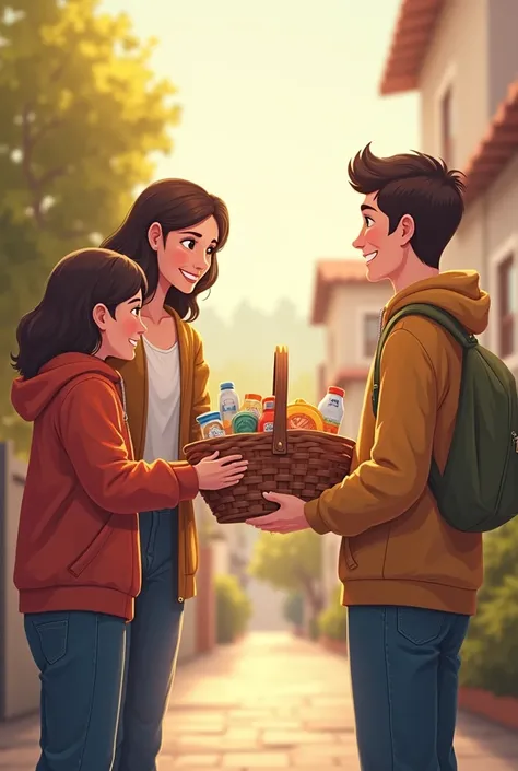 A family that gives a family basket to another family in need. Warm colors a bit light realistic
