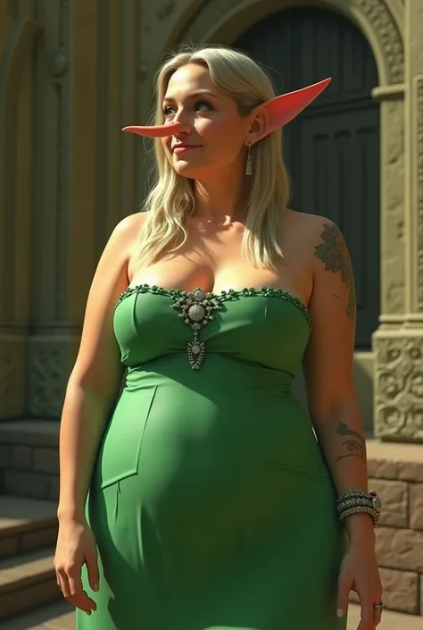 A woman that looks like Cotera from Breath of the Wild in real life, in her 40s, thick shapely body, sharp facial features, long pointy nose, alluring eyes, buxom, wearing a strapless green dress,  chubby body, entire body visible, full body, hyperrealisti...