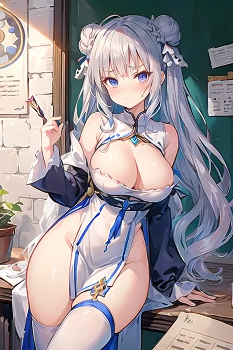 1 Cute naughty priestess, large breasts, Thighs, (silver hair:1.2, blue hair, long hair), (frown, pouted:1,2, blush:1.2, wavy mouth), half updo, double bun, at the adventurers guild, A bulletin board with posted paper