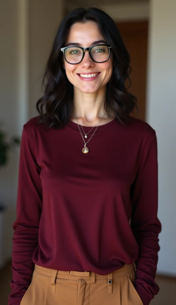 a woman with glasses and a necklace smiling, wearing a long sleeve burgundy tshirt with dark tan slacks, with below average facial features, 30 year old french woman, poor physique, poor skin, small round head, neck length dull black hair, puffy eyes, larg...