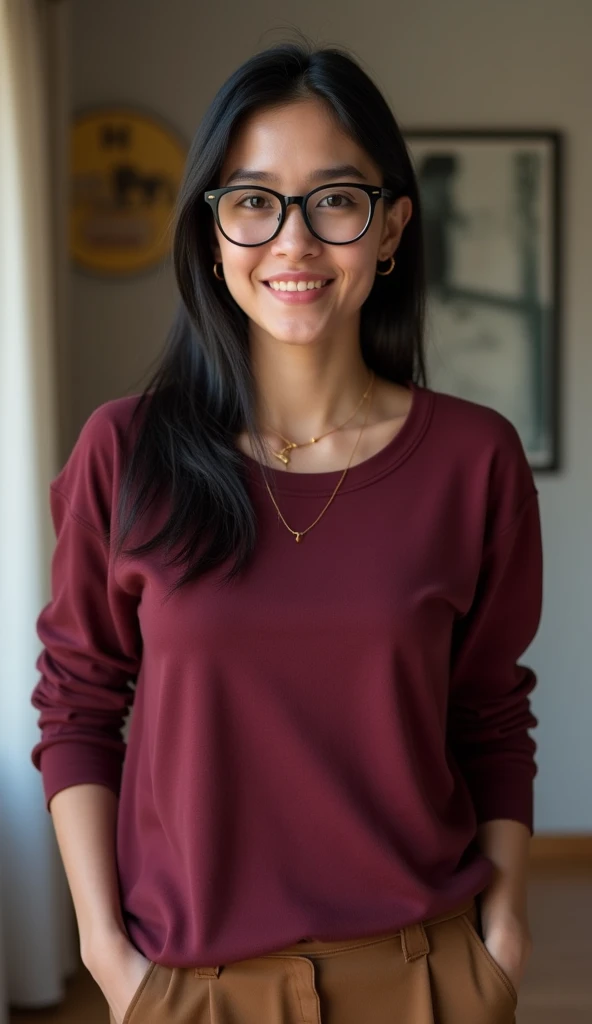 a woman with glasses and a necklace smiling, wearing a long sleeve burgundy tshirt with dark tan slacks, with below average facial features, 30 year old french woman, poor physique, poor skin, small round head, neck length dull black hair, puffy eyes, larg...