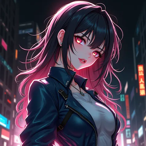 A bad ass anime girl, beautiful detailed eyes, beautiful detailed lips, extremely detailed face, long eyelashes, intricate details, highly detailed, cinematic lighting, dramatic shadows, neon cyberpunk city, dynamic pose, anime style, digital art, 8k, hype...