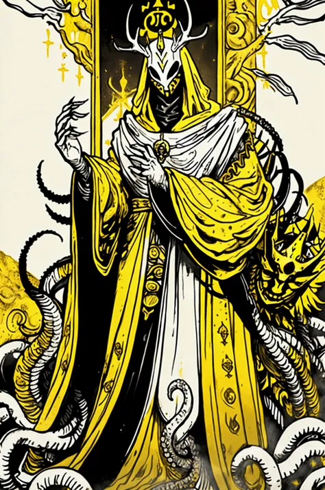 a painting of a man dressed in a yellow robe and a crown, hastur the king in yellow, yellow-robed cultist, king in yellow, a pro...