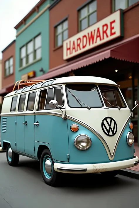 Generate the image of a 1965 combi van in the original light blue color and that does not look new but used, In addition, it must have the legend or the writing of the electric company in black and capital letters on its cargo area and it must be parked in...