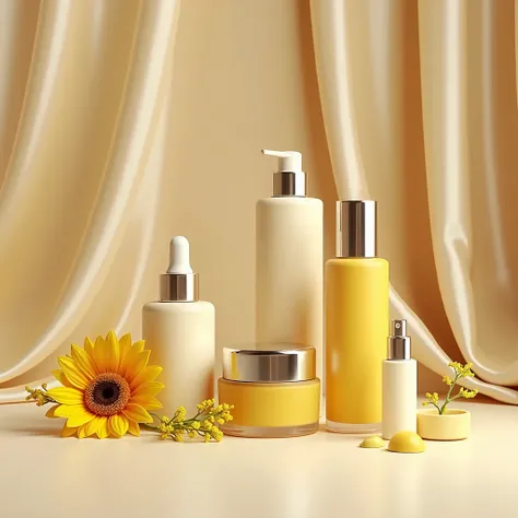 (8k, raw photo, best quality, masterpiece:1.2),(realistic, photo-realistic:1.37),cosmetics, flower, bottles, in cylinders,curtains,yellow flower girassol , focus only,Product Feature, no humans, suave