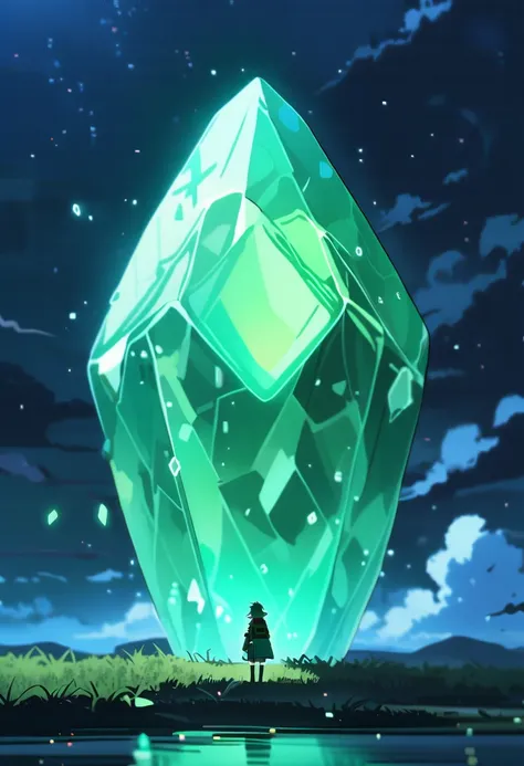 giant glowing mint green crystal, nighttime