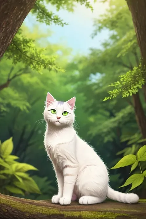 On a tall, slender tree, covered with bright green foliage, a fluffy cat is sitting. He is all tense., his tail twitches sharply from side to side, and yellow eyes are closely watching what is happening below. A cat&#39;s paw with sharp claws clings tightl...