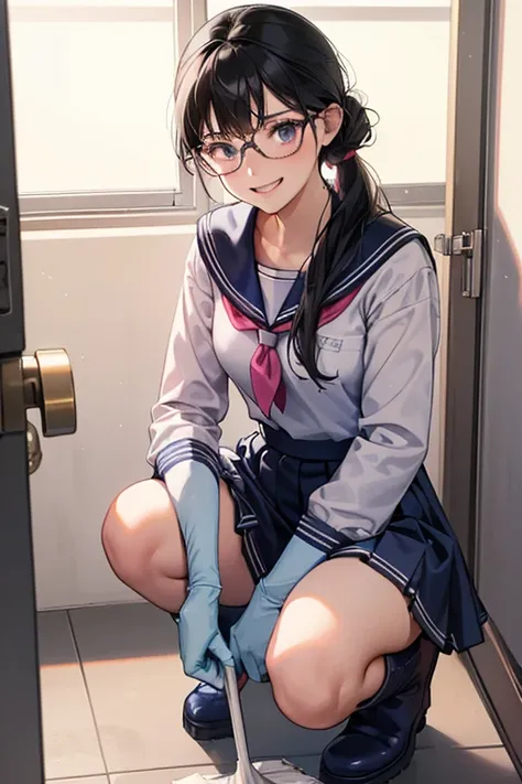 A high school girl with glasses and black hair tied up in a long-sleeved, long-skirted, navy blue sailor uniform wearing long pink rubber gloves and white rubber boots squatting and smiling while cleaning a dirty school toilet