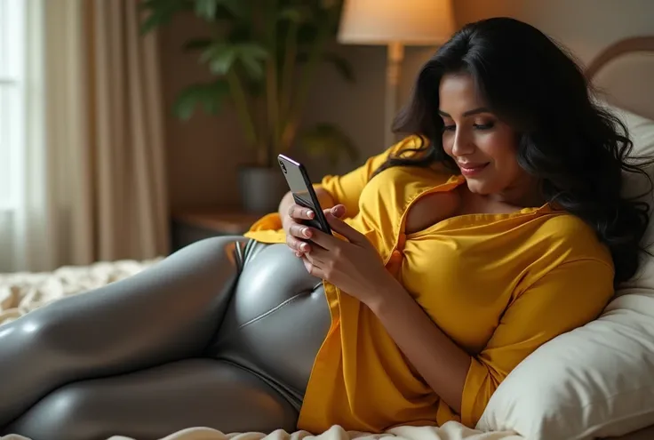 Beautiful tall plus size big chubby indian women wearing shining fully transparent gray silk leggings and yellow silk blouse,beautiful face, celebrity face,fat ass, bulging ass, big ass,huge ass, full body lying on bed downwards texting on mobile,realistic...