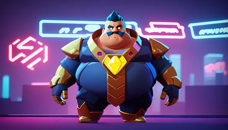 Full body view, a obese businessman in a blue suit, blue cyberpunk hairstyle and mustache, gold diamond-encrusted armor, brawl, in a futuristic office at night, detailed facial features, 1 man, hyperrealistic, 8k, cinematic lighting, dramatic angles, moody...