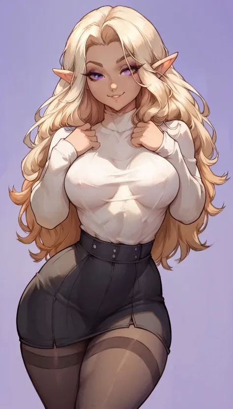 (solo) female elf, blond long hair, woman, (smal breasts), attractive, goth elf,  white shirt , black skirt, garterbelt tights,  fit body, thicc, freckles, freckles on face, smug eyes, (happy expression), charm posing , violet background, simple background...