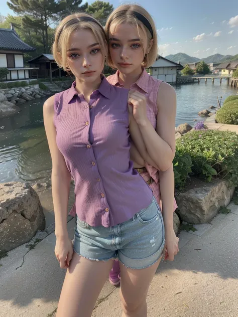 1 woman, mature woman, solo, NOT DASHA TARAN, full body standing, perfect body, best quality, 32k, photograph, full body (head to toe), tone mapping, ((houjou satoko,short hair,black hairband,blonde hair,violet eyes,hair between eyes,collared shirt,sleevel...